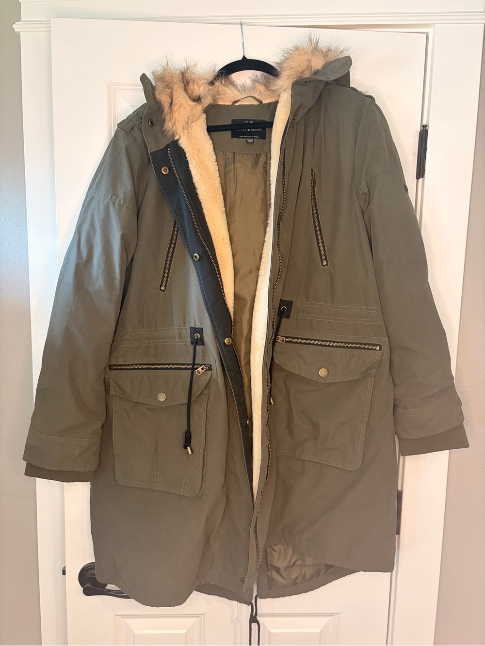 Lucky Brand Olive Green Jacket with Cream Faux Fur Trim